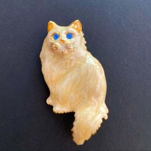 Vintage Cat Brooch Pin With Blue Rhinestone Eyes